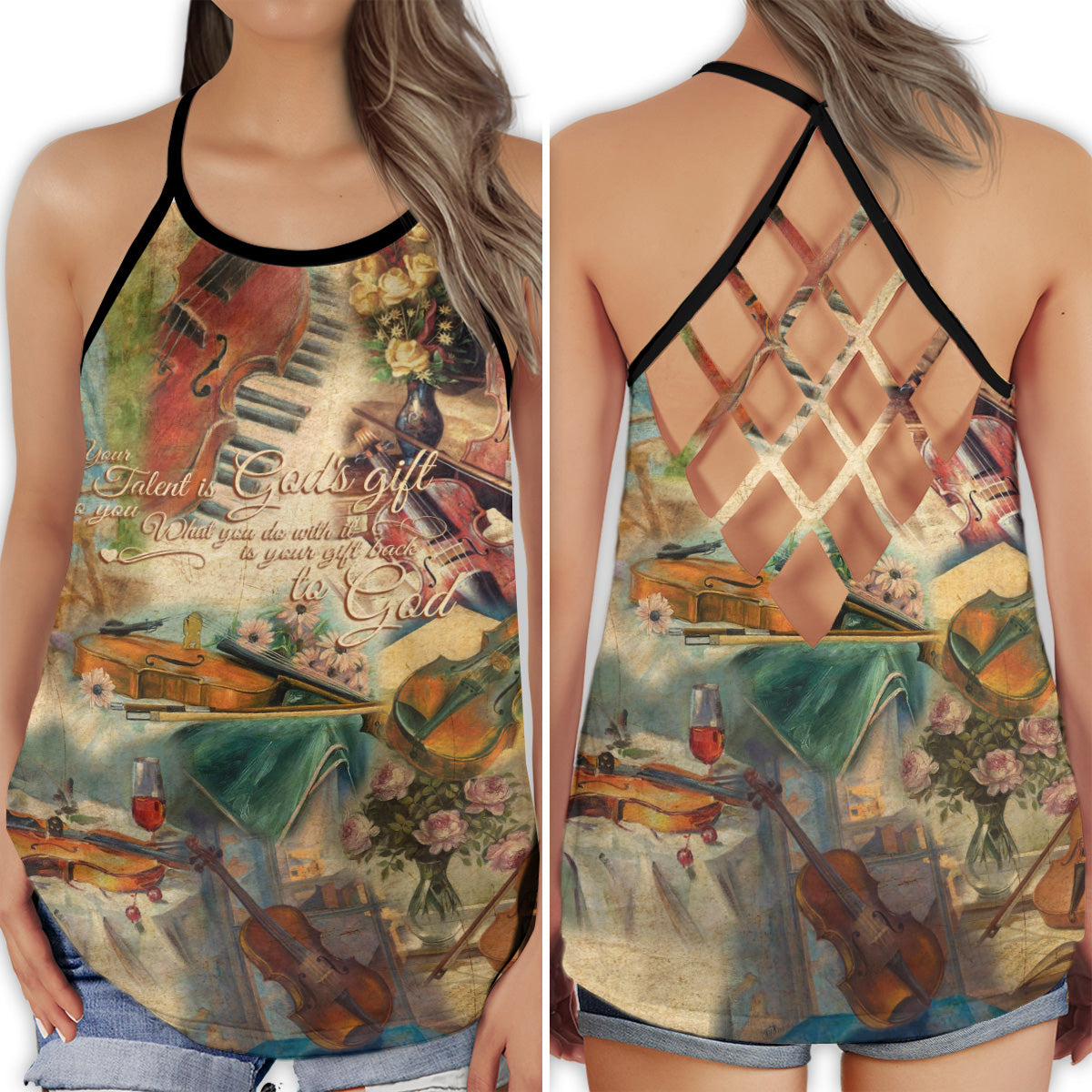 Violin Love Our Life Music Mood Hollow Tank Top For Studio Practice And Festival Wear