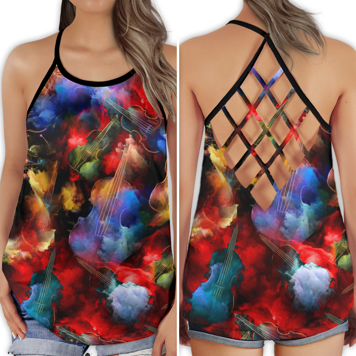 Violin Love Artistic Melody Touch Hollow Tank Top For Studio Practice And Festival Wear