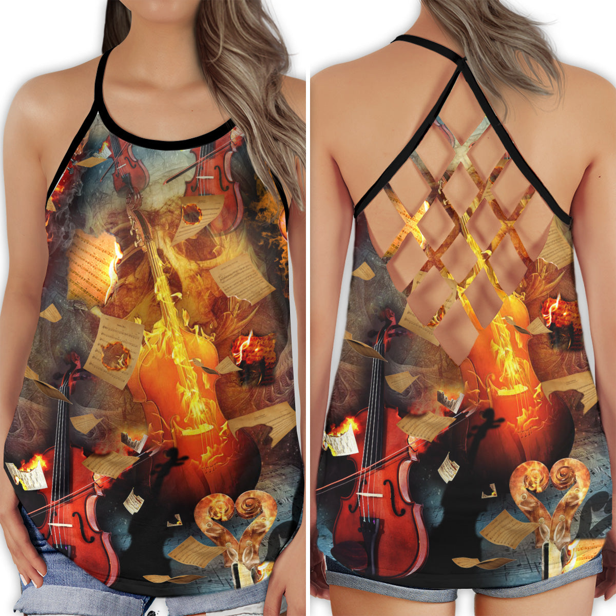 Colorful Violin Lover Bright Energy Hollow Tank Top For Studio Practice And Festival Wear