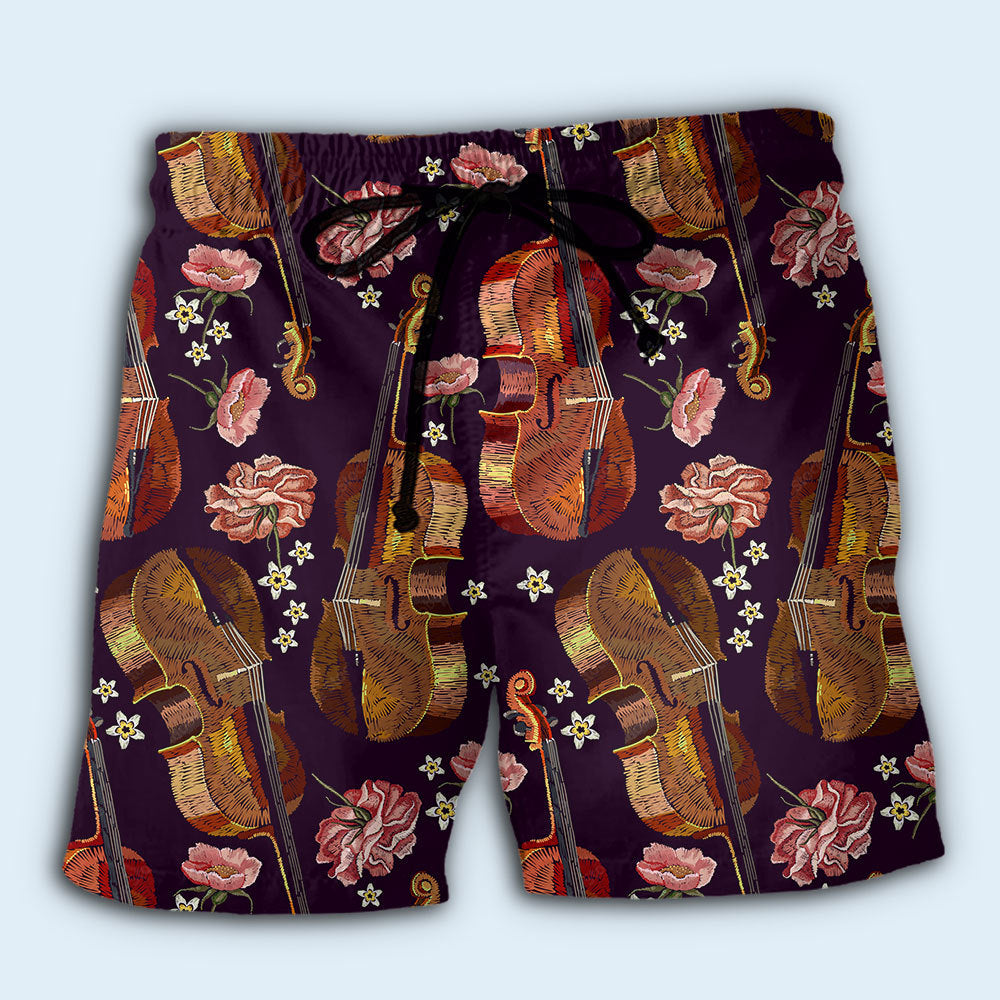 Violin Music Floral Lover Beach Shorts Pattern Detail For Sunny Outdoor Activities