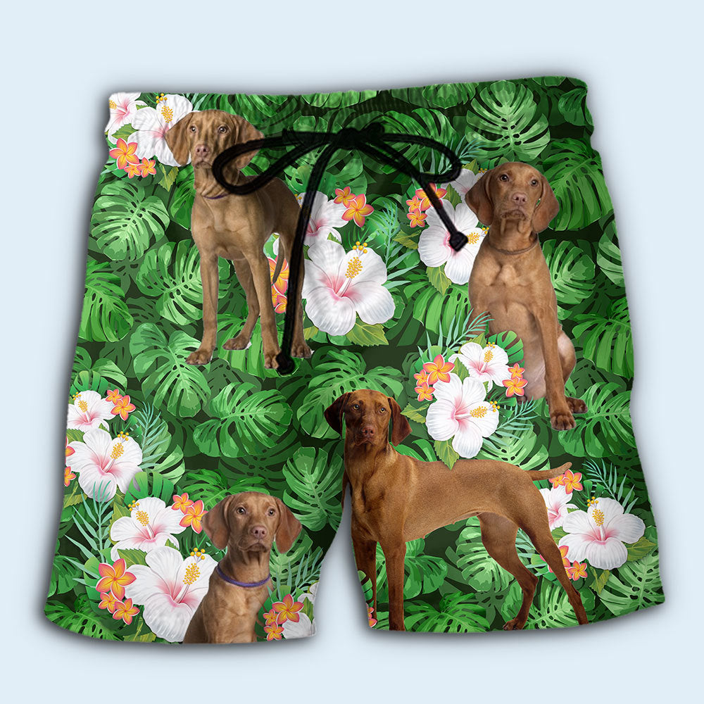 Vizsla Best Dog Dad Tropical Leaf Beach Shorts Artwork Detail For Tropical Travel And Everyday Wear