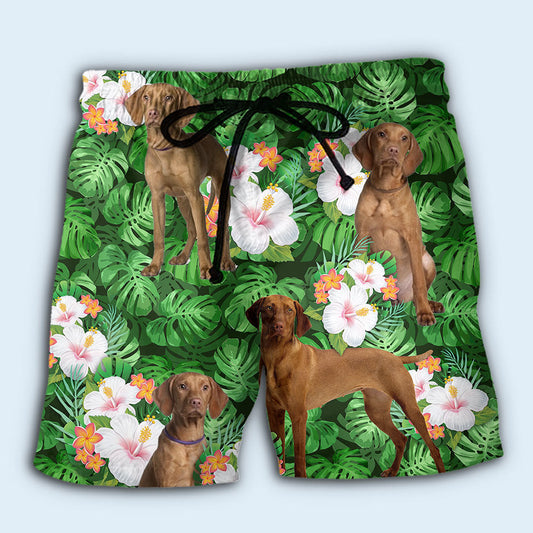 Vizsla Best Dog Dad Tropical Leaf Beach Shorts Artwork Detail For Tropical Travel And Everyday Wear