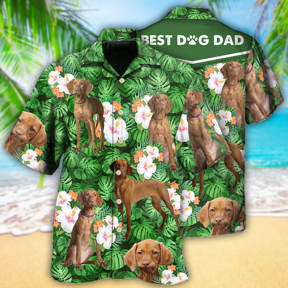 Green Tropical Dog Vizsla Dad Leaf Hawaiian Shirt Design View For Casual Summer Styling