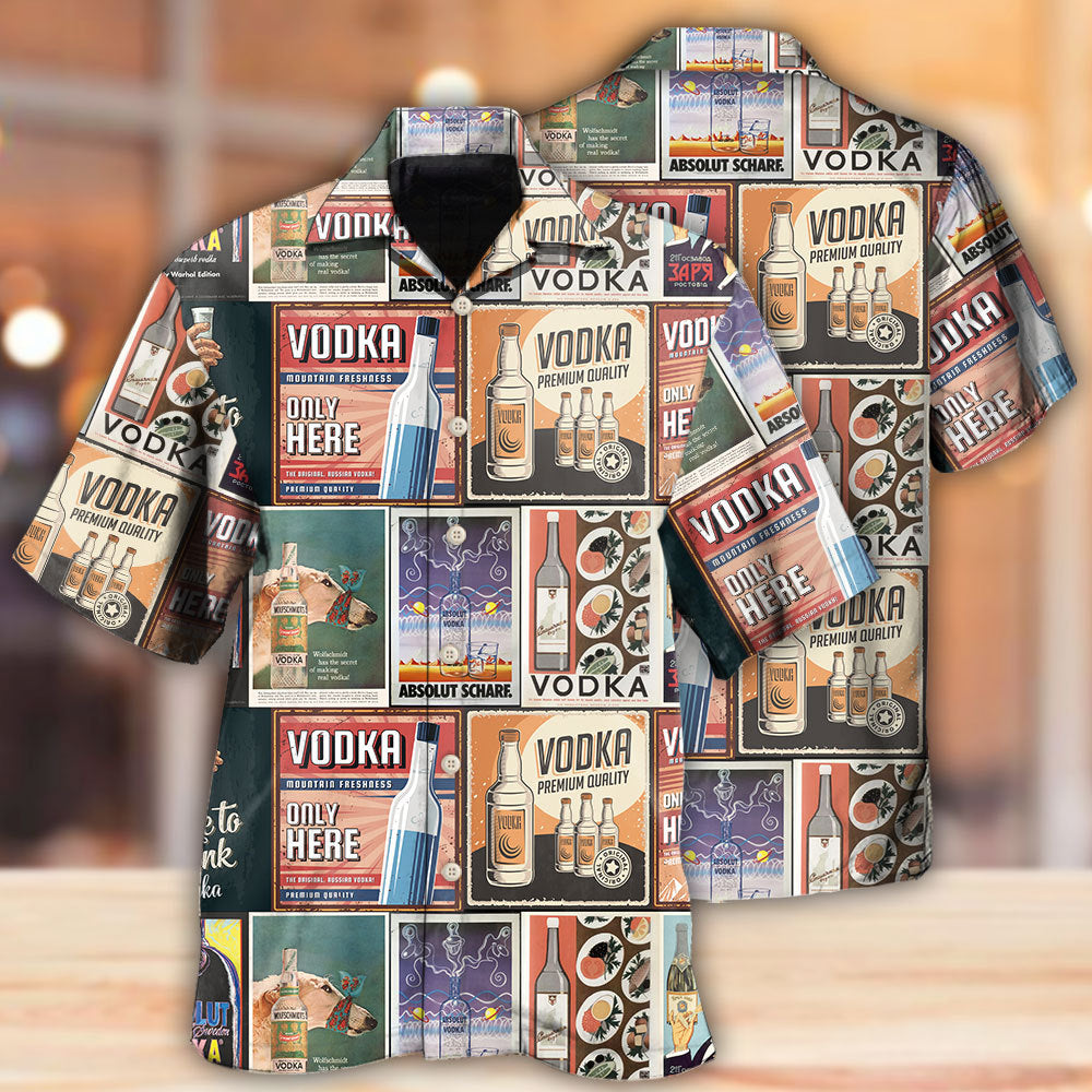 Retro Wine Vodka Poster Hawaiian Shirt For Coastal Travel, Casual Events, And Comfortable Summer Wear