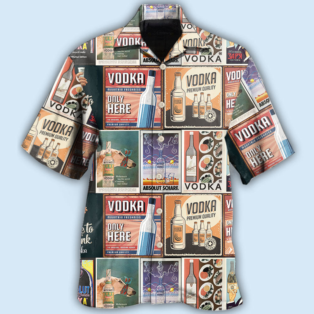Retro Wine Vodka Poster Hawaiian Shirt For Coastal Travel, Casual Events, And Comfortable Summer Wear