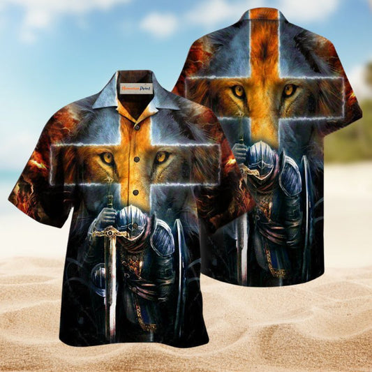 Warrior Christ Lion Cross Hawaiian Shirt For Tropical Holidays, Outdoor Gatherings, And Everyday Comfort