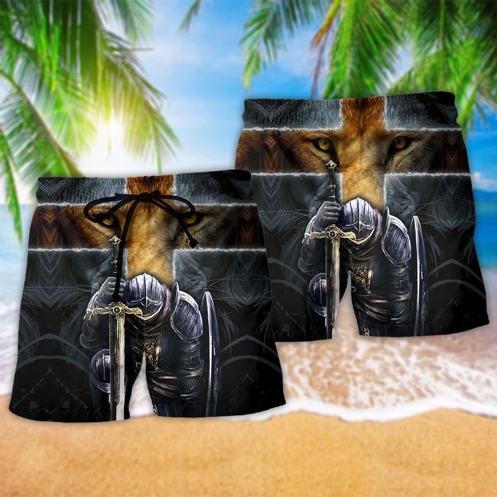 Christian Warrior Lion Cross Beach Shorts Pattern Detail For Casual Outings And Easygoing Coastal Style