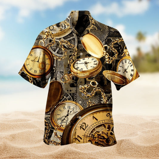 Vintage Watch Hawaiian Shirt For Resort Trips, Coastal Parties, And Warm Weather Style