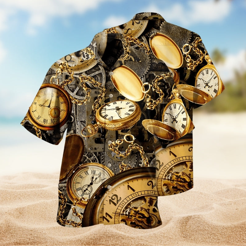 Vintage Watch Hawaiian Shirt For Resort Trips, Coastal Parties, And Warm Weather Style