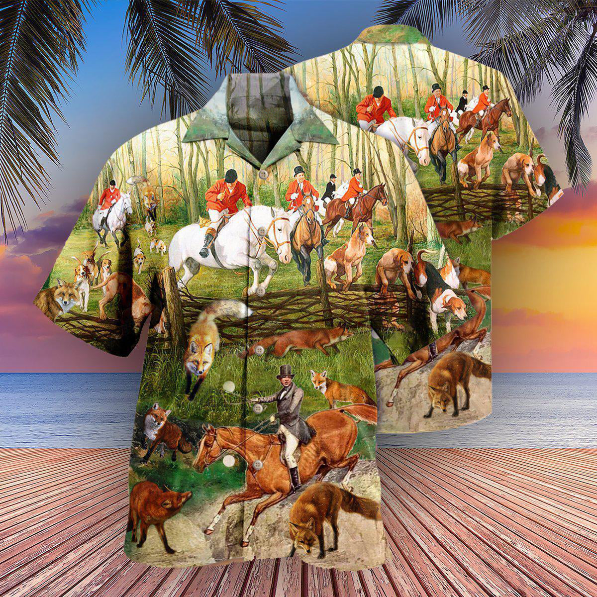 Fox Hunting Hawaiian Shirt With Detailed Graphic For Vacation Parties Beach Outings And Relaxed Daily Wear