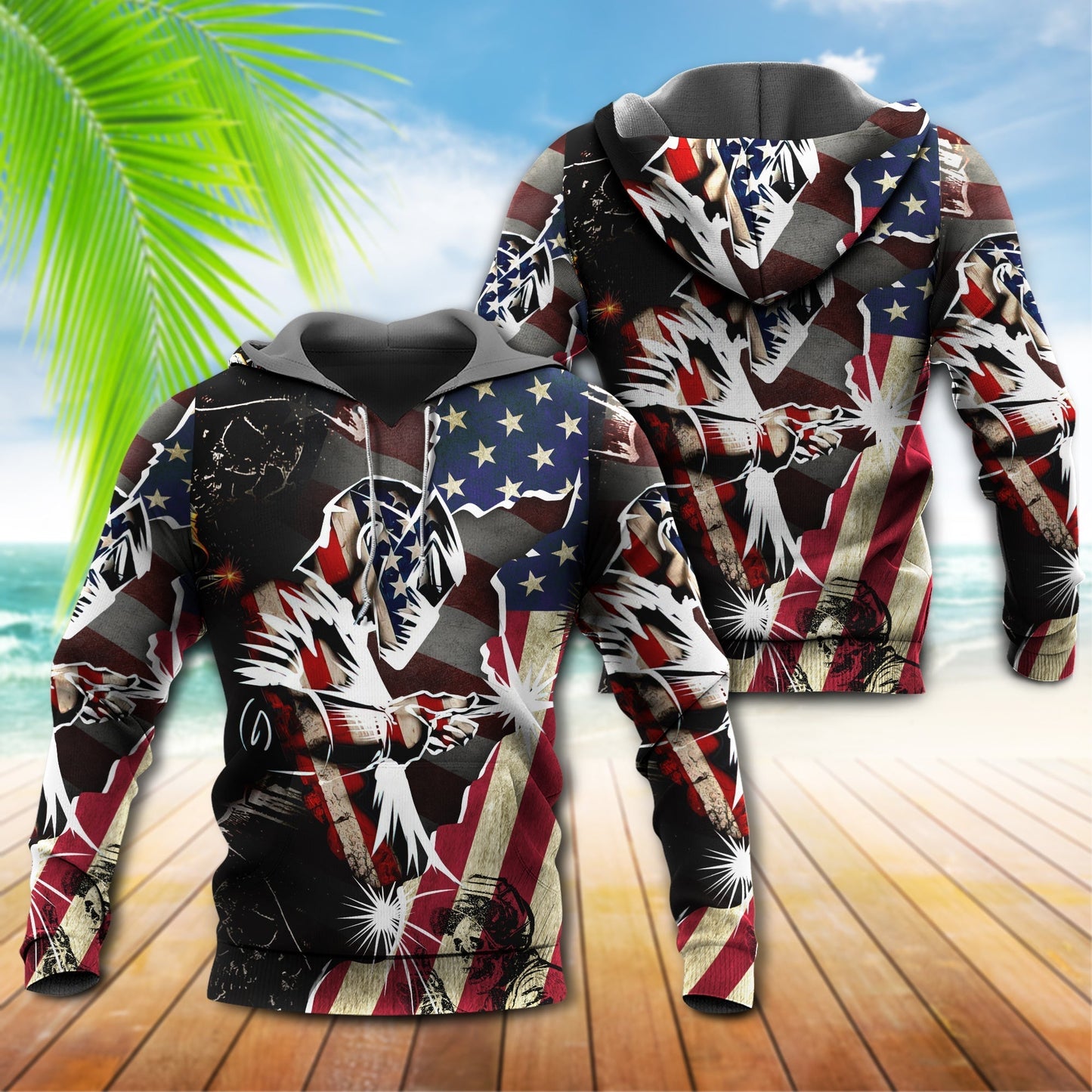 Red Blue Welder Patriotic Hoodie For Weekend Trips Relaxed Outfits And Thoughtful Gifting