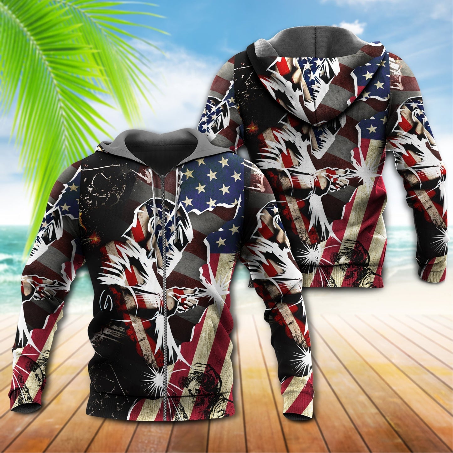 Red Blue Welder Patriotic Hoodie For Weekend Trips Relaxed Outfits And Thoughtful Gifting