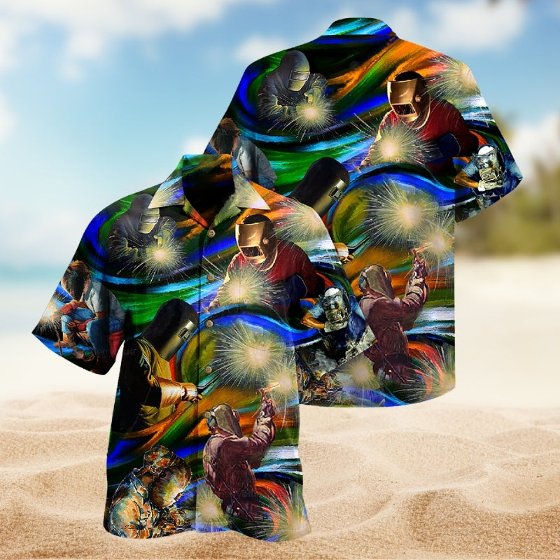 Funny Welder Sparks Hawaiian Shirt For Island Vacations, Resort Wear, And Relaxed Seasonal Style