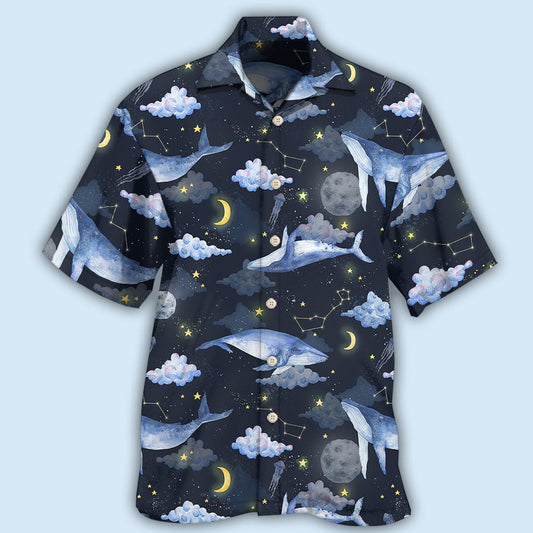 Whale Sky Hawaiian Shirt For Summer Vacation, Beach Travel, And Casual Wear