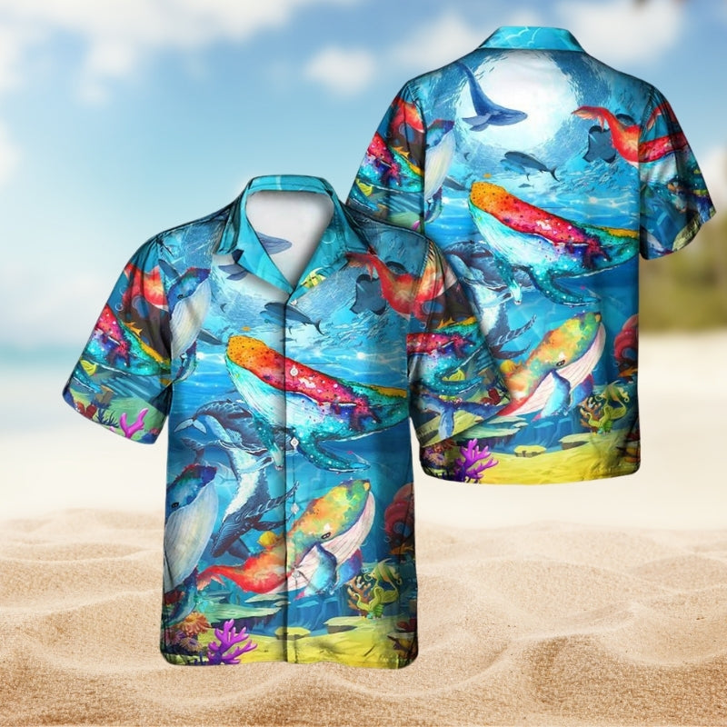 Colorful Whale Ocean Hawaiian Shirt For Island Vacations, Resort Wear, And Relaxed Seasonal Style