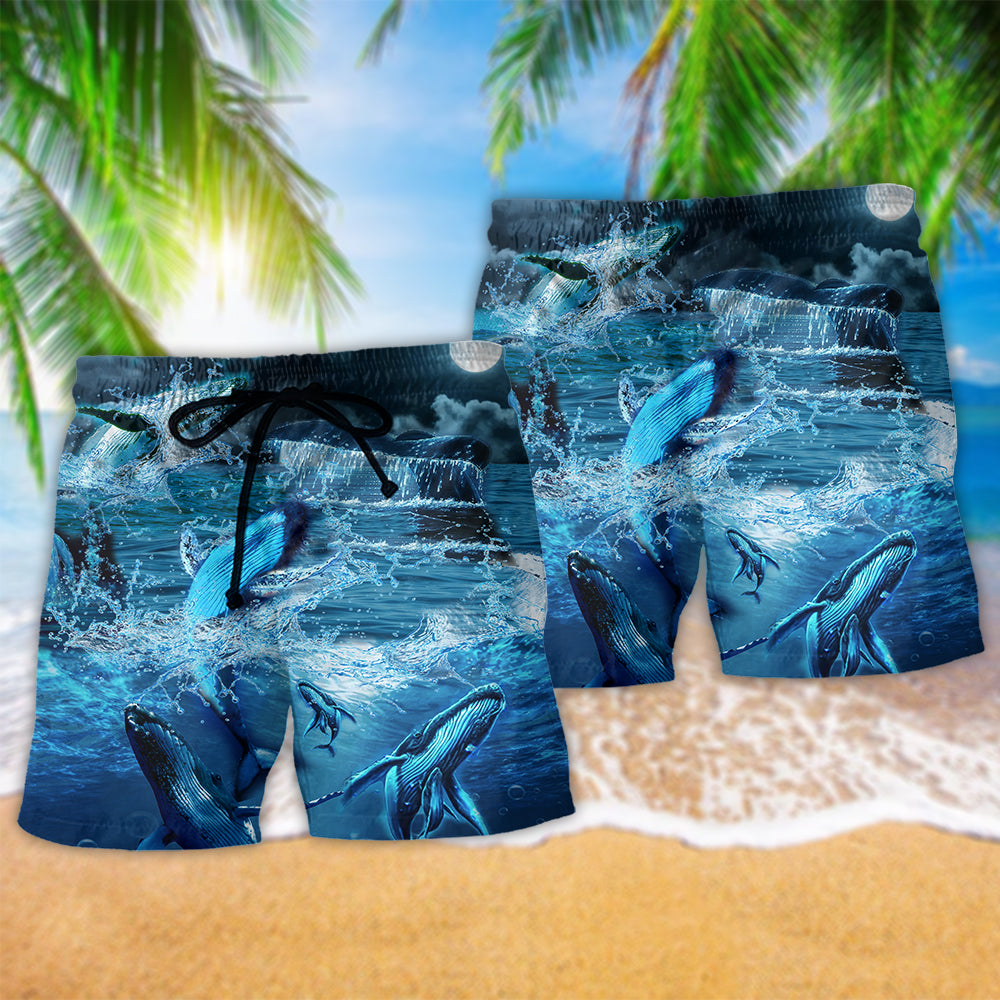 Ocean Blue Whale Beach Shorts Pattern Detail For Vacation Style And Relaxed Casual Wear