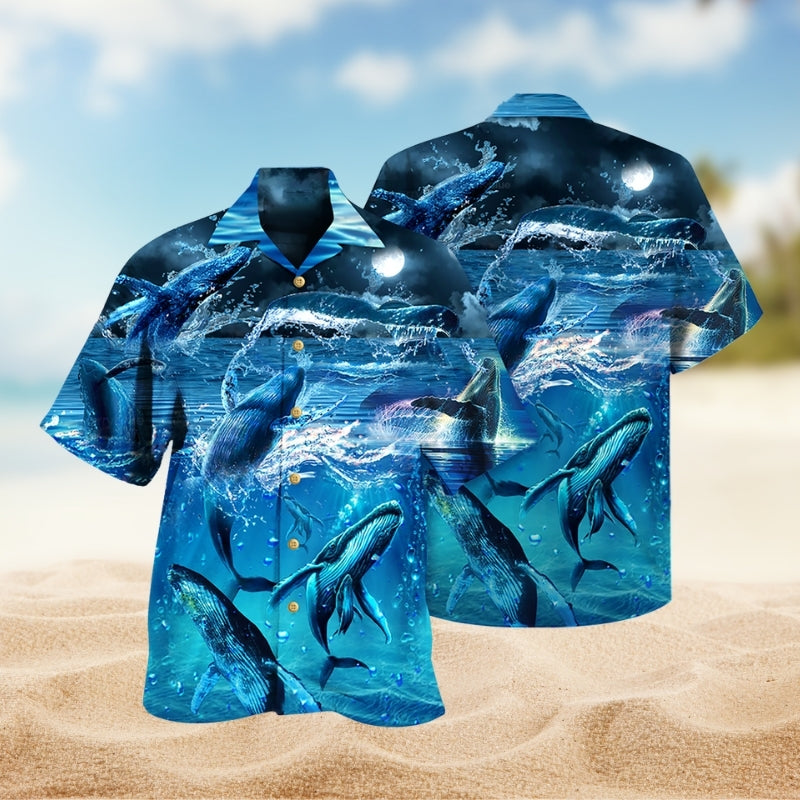 Whale Ocean Blue Hawaiian Shirt For Island Vacations, Weekend Events, And Relaxed Everyday Outfits