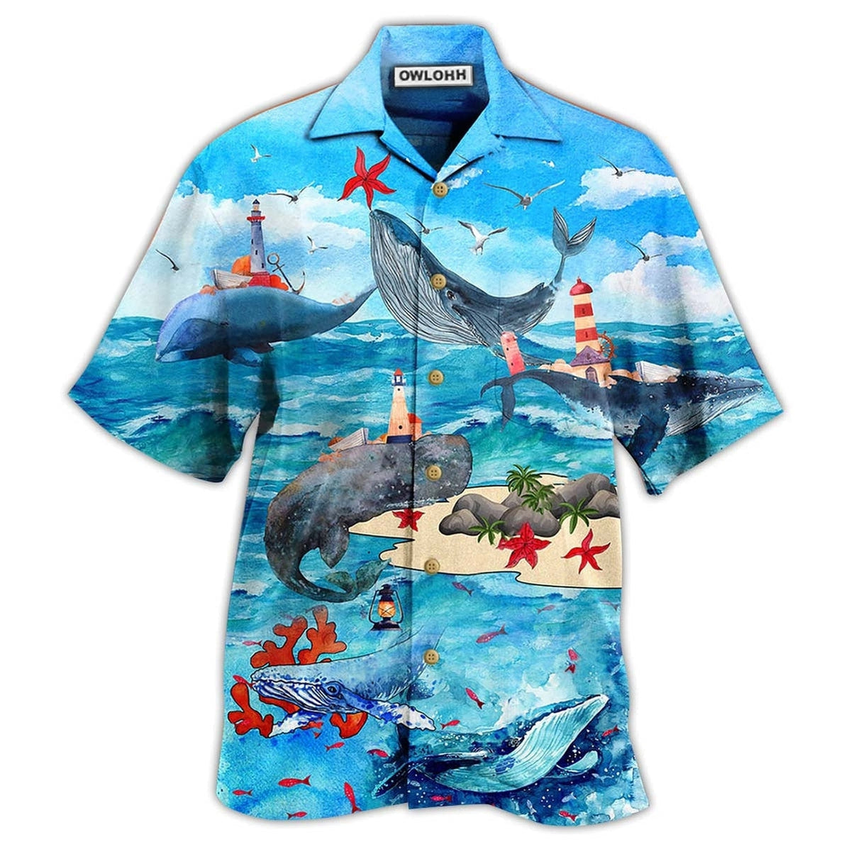 Blue Whale Ocean Sky Hawaiian Shirt Artwork Detail For Resort Trips And Outdoor Activities