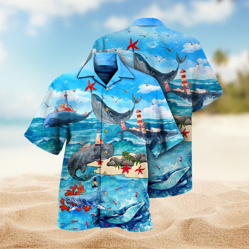 Whale Ocean Sky Hawaiian Shirt For Resort Trips, Coastal Parties, And Warm Weather Style