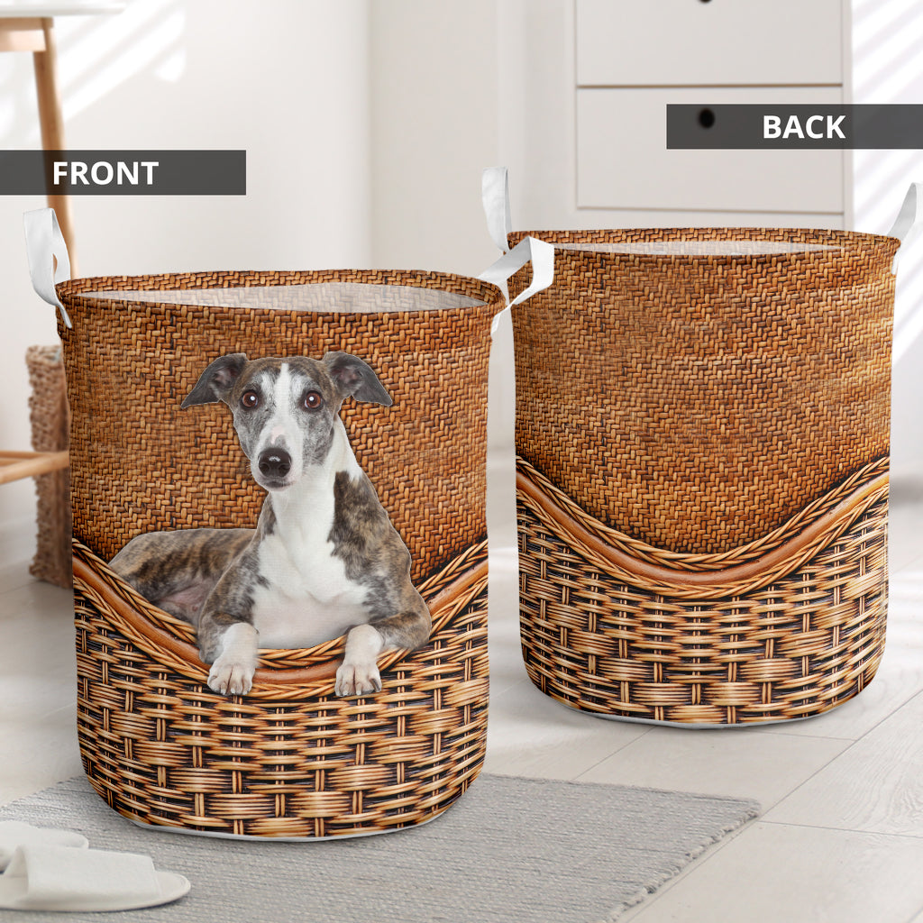 Whippet Dog Rattan Texture Laundry Basket For Bathroom Bedroom Storage