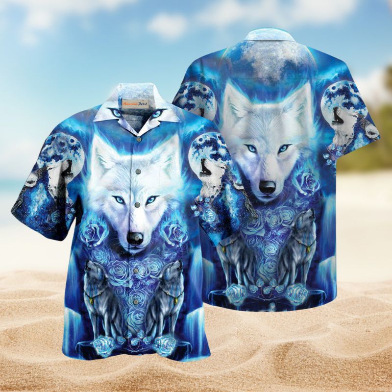 White Wolf Hawaiian Shirt For Animal Lovers, Beach Travel, And Casual Summer Style