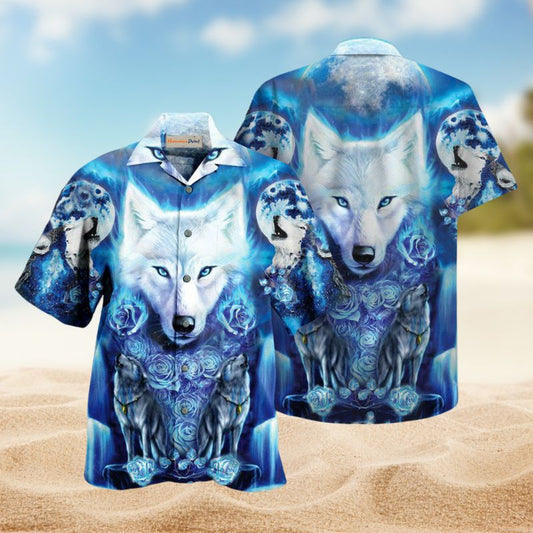 White Wolf Hawaiian Shirt For Animal Lovers, Beach Travel, And Casual Summer Style