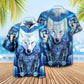 Blue Wolf Hawaiian Shirt Pattern Detail For Summer Holidays And Outdoor Fun
