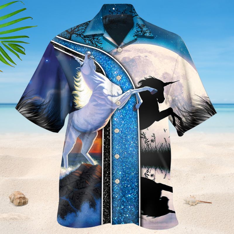 White Unicorn Moonlight Hawaiian Shirt For Resort Trips, Coastal Parties, And Warm Weather Style