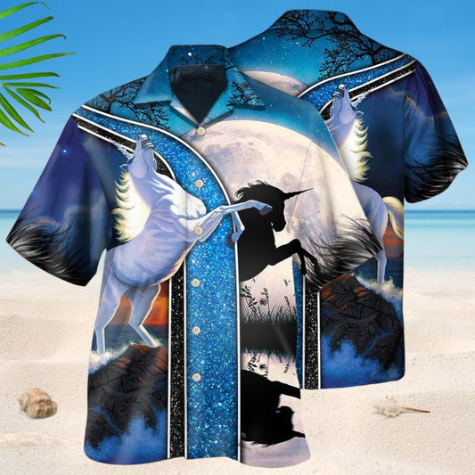 White Unicorn Moonlight Hawaiian Shirt For Resort Trips, Coastal Parties, And Warm Weather Style
