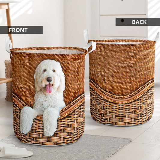 White Goldendoodle Dog Rattan Texture Laundry Basket For Bathroom Bedroom Storage