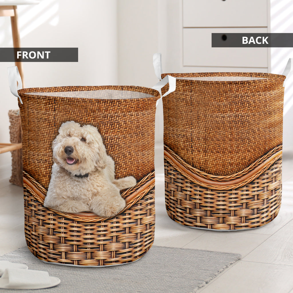 White Labradoodle Dog Rattan Texture Laundry Basket For Bathroom Bedroom Storage