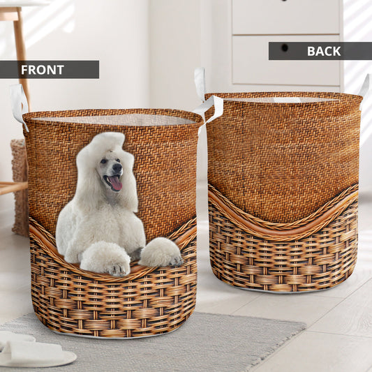 White Standard Poodle Dog Rattan Texture Laundry Basket For Bathroom Bedroom Storage