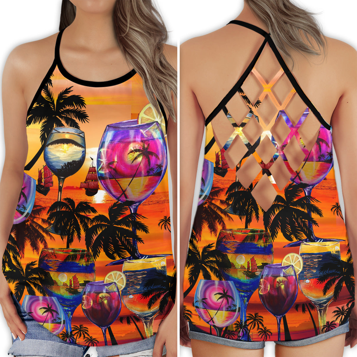Wine So Good Sunset Theme Hollow Tank Top For Yoga Workouts And Casual Wear