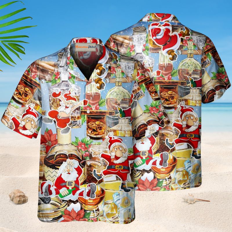 Festive Wine Whiskey Christmas Hawaiian Shirt For Winter Celebrations, Beach Travel, And Relaxed Holiday Wear