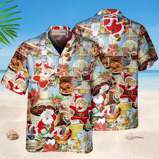 Festive Wine Whiskey Christmas Hawaiian Shirt For Winter Celebrations, Beach Travel, And Relaxed Holiday Wear