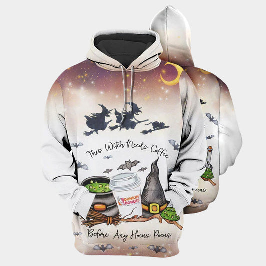 Funny Witch Needs Coffee Hoodie For Autumn Adventures Halloween Events And Relaxed Streetwear