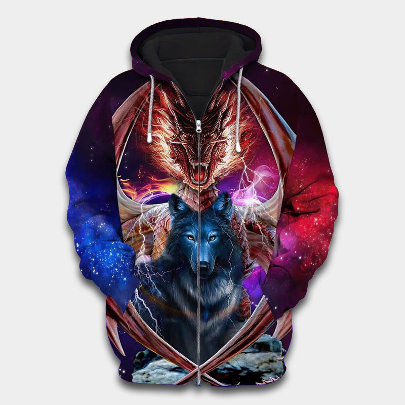 Red Blue Wolf Dragon Hoodie For Mythic Artwork Enthusiasts Casual Events And Daily Comfort