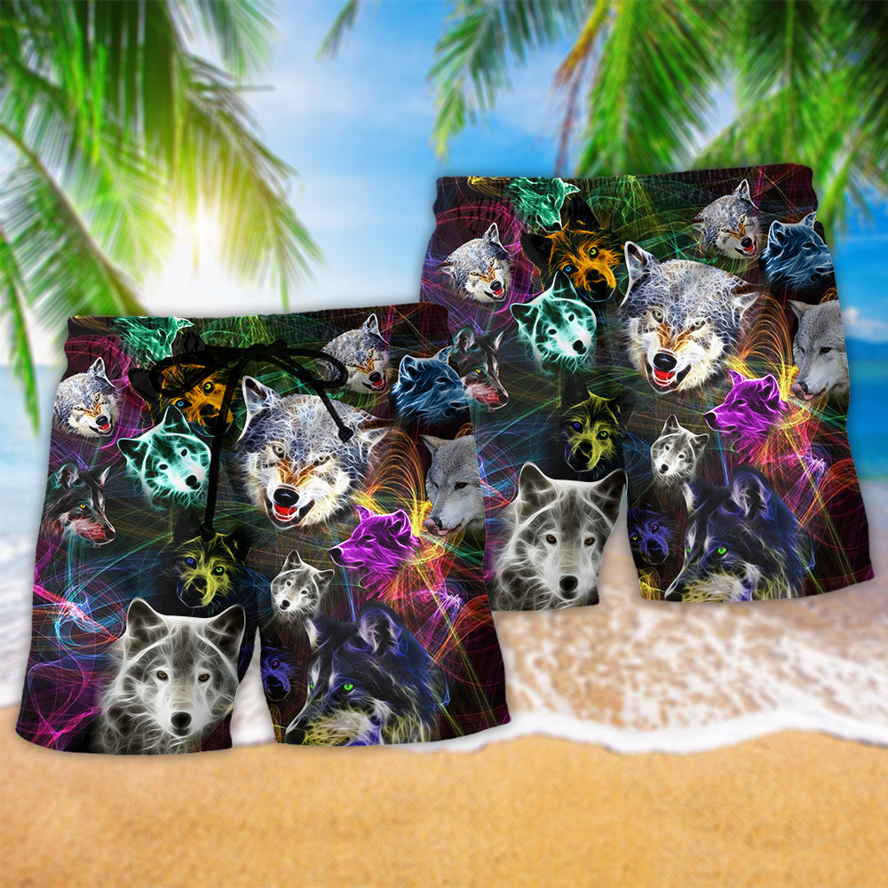 Brave Wolf Colorful Wildlife Beach Shorts Pattern Detail For Summer Adventures And Warm Weather Wardrobe
