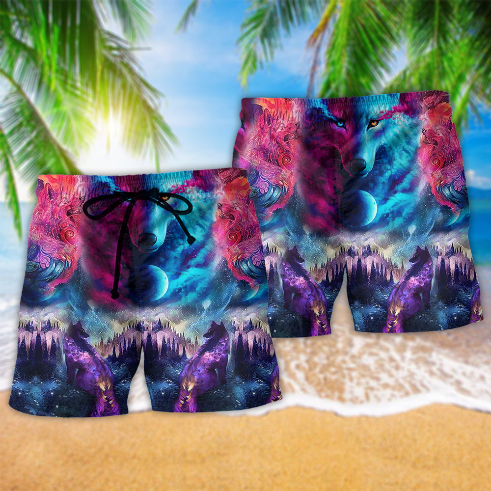 Colorful Wolf Night Beach Shorts Pattern Detail For Poolside Fun And Comfortable Daily Wear