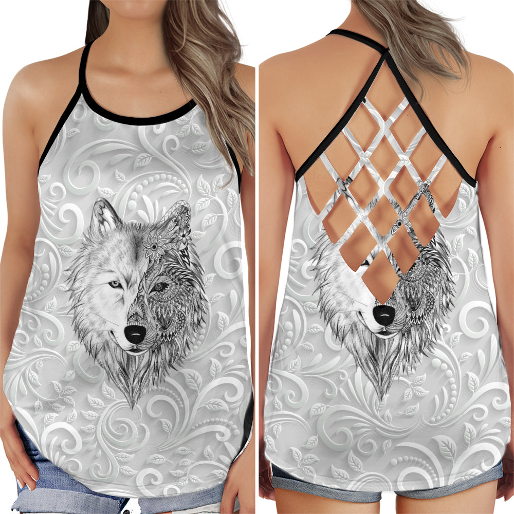 Black White Wolf Spirit Hollow Tank Top For Yoga Workouts And Festival Wear