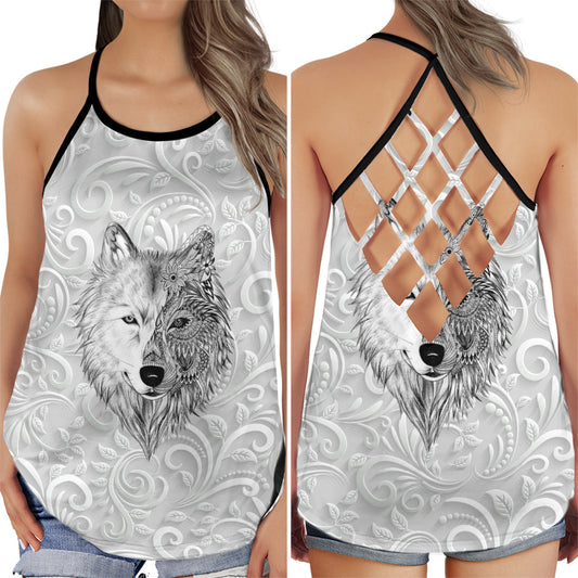 Black White Wolf Spirit Hollow Tank Top For Yoga Workouts And Festival Wear