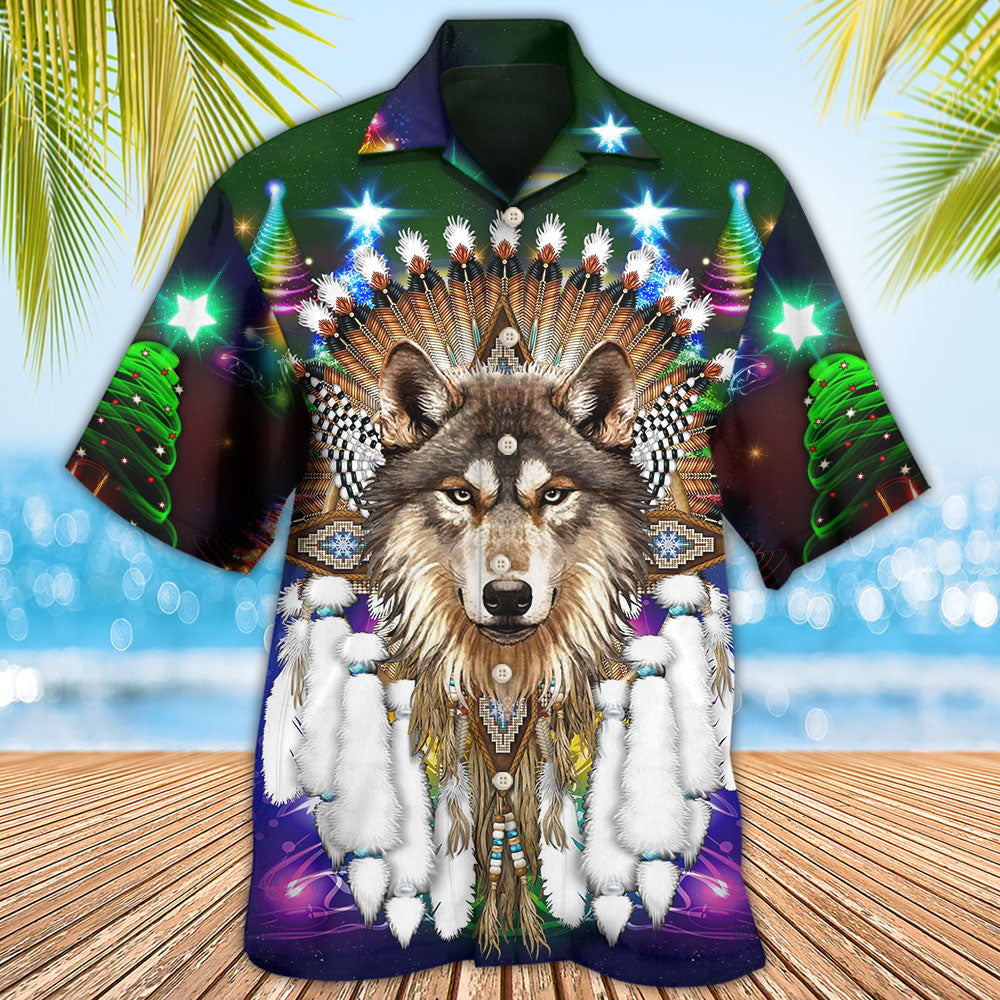 Bohemian Festive Wolf Christmas Hawaiian Shirt Artwork Detail For Tropical Trips And Casual Outings