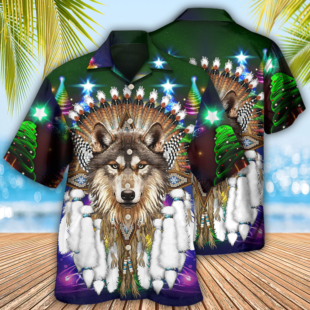 Bohemian Festive Wolf Christmas Hawaiian Shirt For Coastal Adventures And Warm Weather Wear