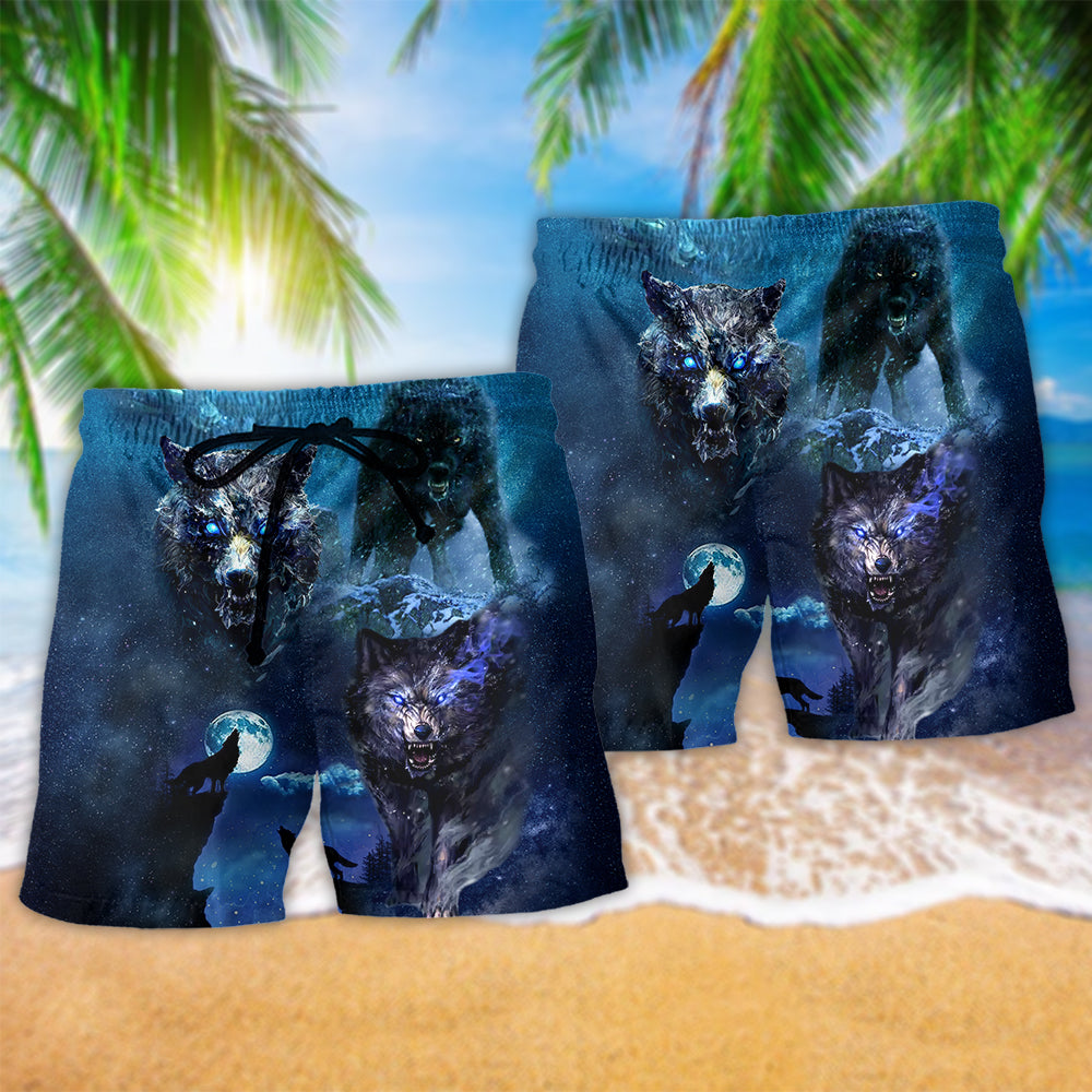 Wolf Survival Blue Night Beach Shorts Pattern Detail For Summer Adventures And Easy Warm Weather Wear