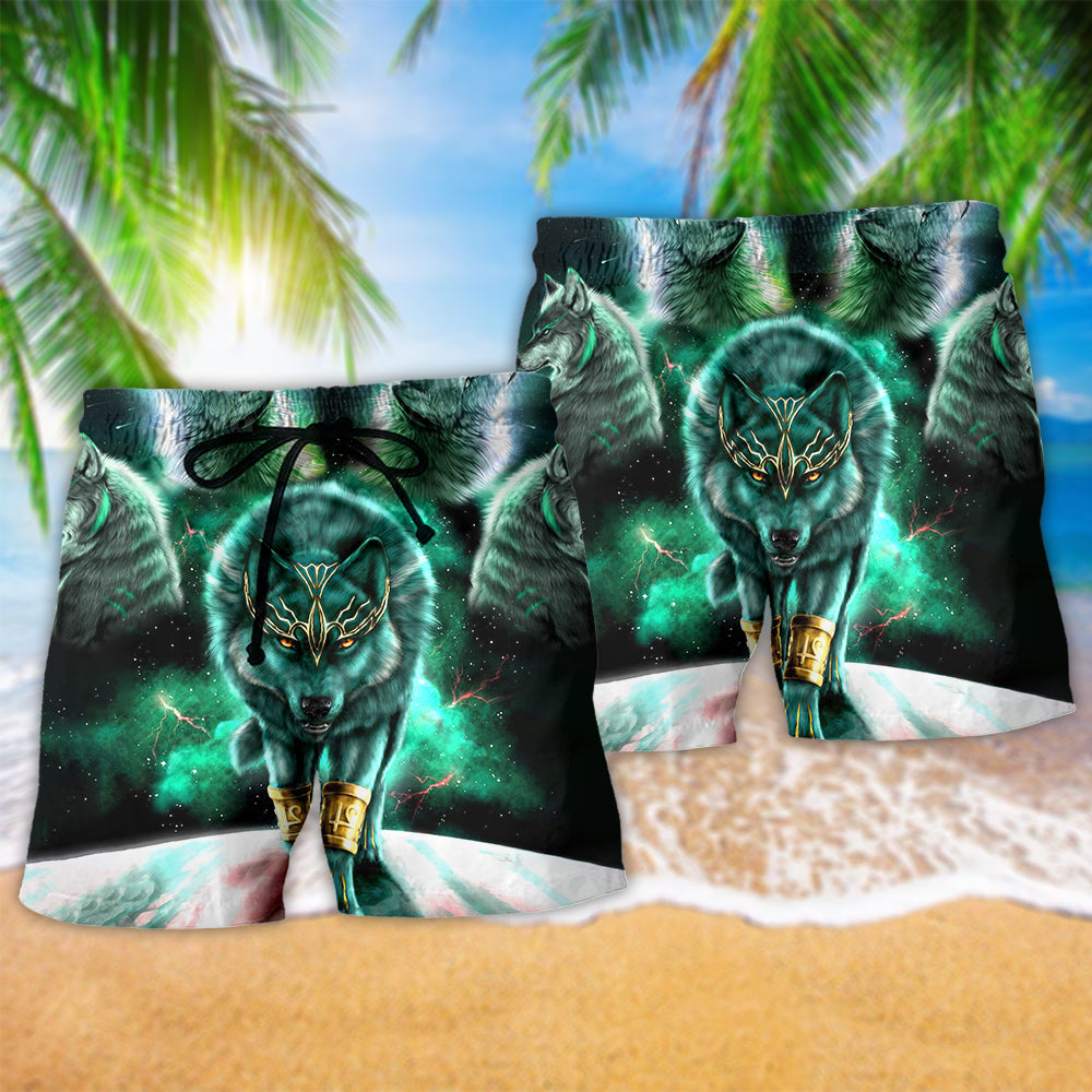 Green Wolf Warrior Beach Shorts Pattern Detail For Relaxed Weekends And Memorable Gift Ideas