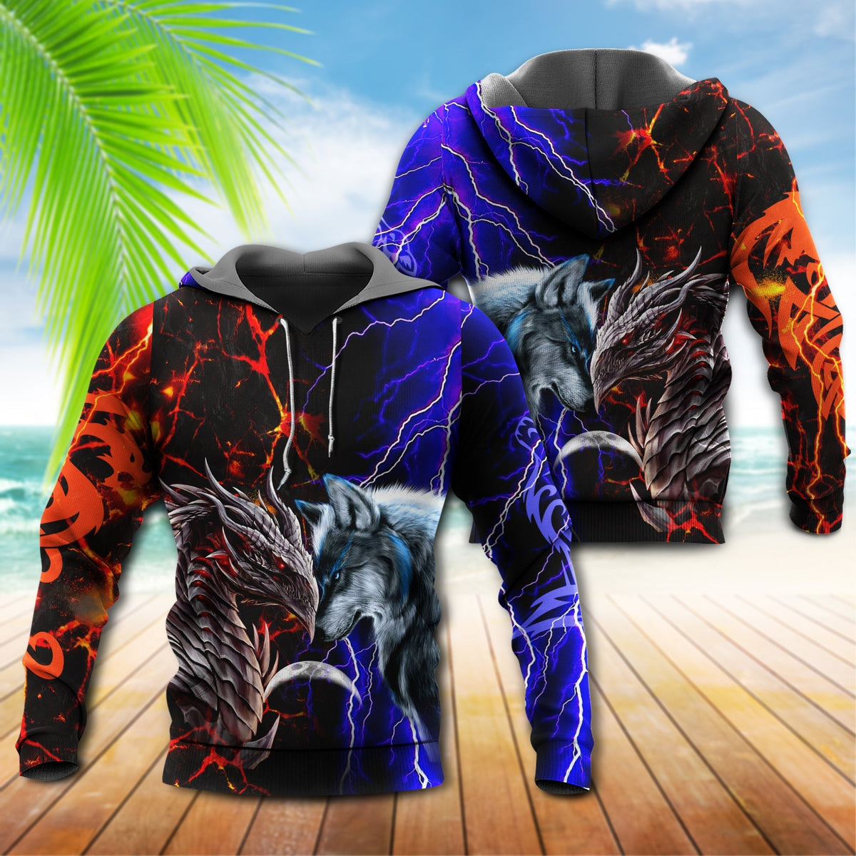 Red Blue Fantasy Wolf Dragon Hoodie For Fantasy Inspired Outfits Travel Days And Comfortable Wear