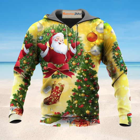 Yellow Santa Christmas Tree Hoodie For Festive Days Casual Adventures And Thoughtful Seasonal Gifting