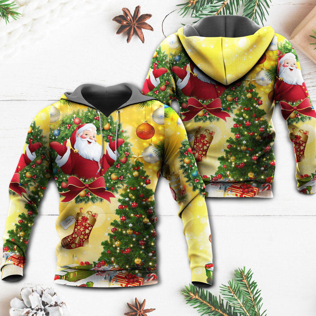 Yellow Santa Christmas Tree Hoodie For Festive Days Casual Adventures And Thoughtful Seasonal Gifting