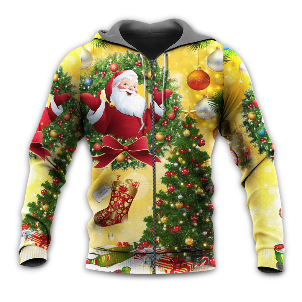 Yellow Santa Christmas Tree Hoodie For Festive Days Casual Adventures And Thoughtful Seasonal Gifting