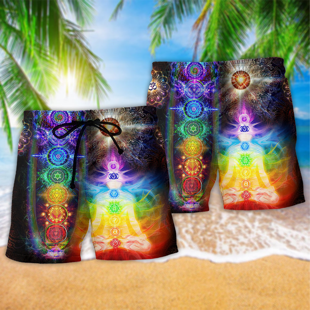 Yoga Mind Soul Harmony Chakra Beach Shorts Pattern View For Relaxed Vacation Styling
